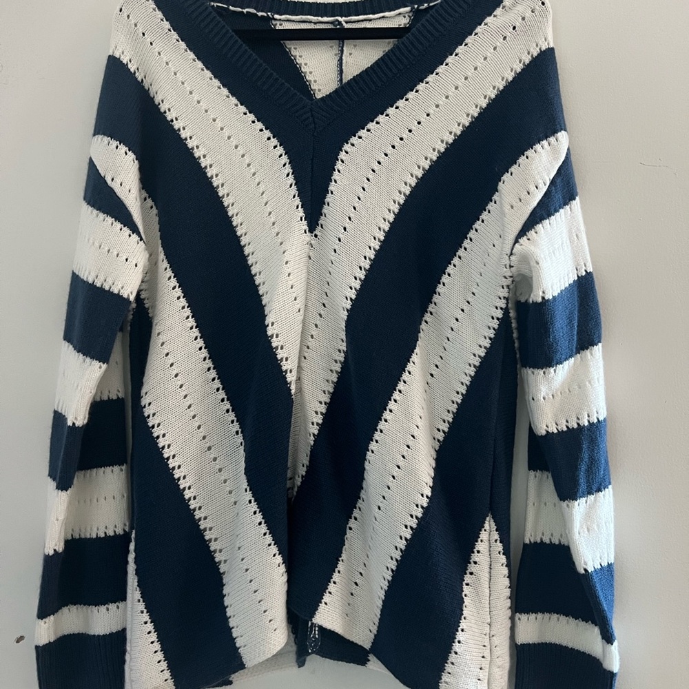 Navy and White V-Neck Striped Women's Sweater